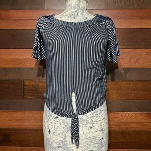 No Brand Tag Off Shoulder Short Sleeve Navy Blue and White Striped Blouse